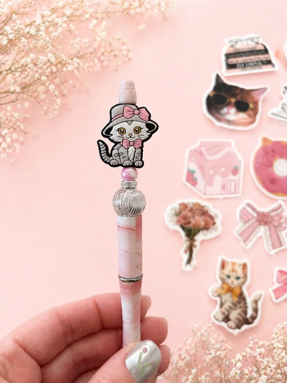 Adorable handmade cat pen with hardcover journal and 15 stickers